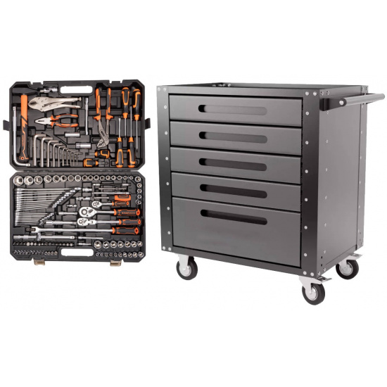 Комплект Набор инструментов KINGQUEEN 129 пред, 1/4'', 3/8", 1/2''(6гр.)(4-32мм) WIB-90015  и Тележка инструментальная 5 ящиков, Цвет:серый - 1