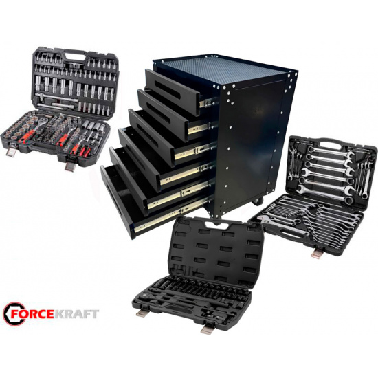 Комплект  инструмента FORCEKRAFT 254 предмета 1/4",3/8",1/2" (4-32мм) в металличекой тележке 6 полок GRAND-254 - 1