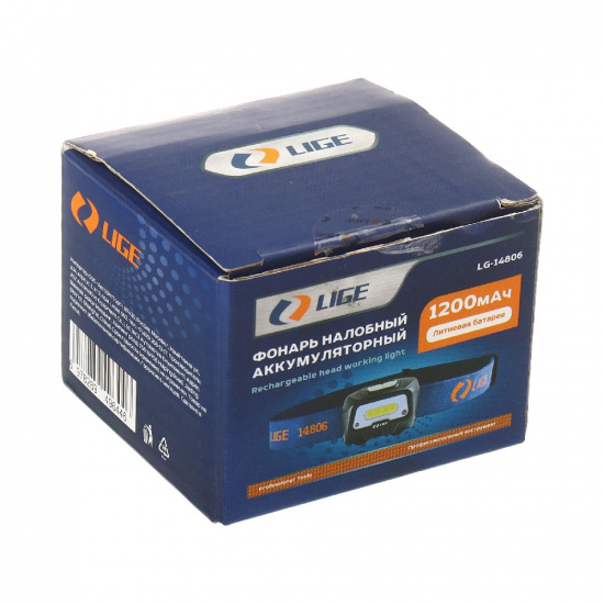 LIGE Фонарь налобный аккумуляторный, водонепроницаемый (5W, COB 7000K, 350 Lumen, 3.7V, 1200mAh, Type-C) LG-14806 - 1